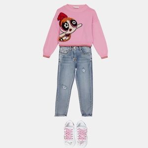 Monnalisa Pink Blossom Powerpuff Sweater Girls Size 12 Long Sleeve Wool Ribbed